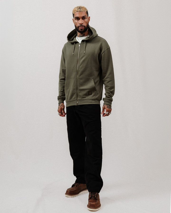 Full Zip Workwear Hoodie - Heavy Washed Olive