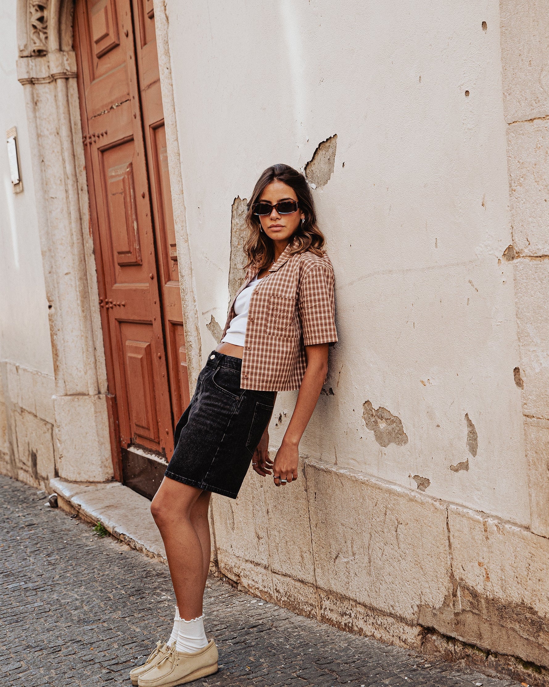 Françoise Cropped Shirt - Taupe Plaid