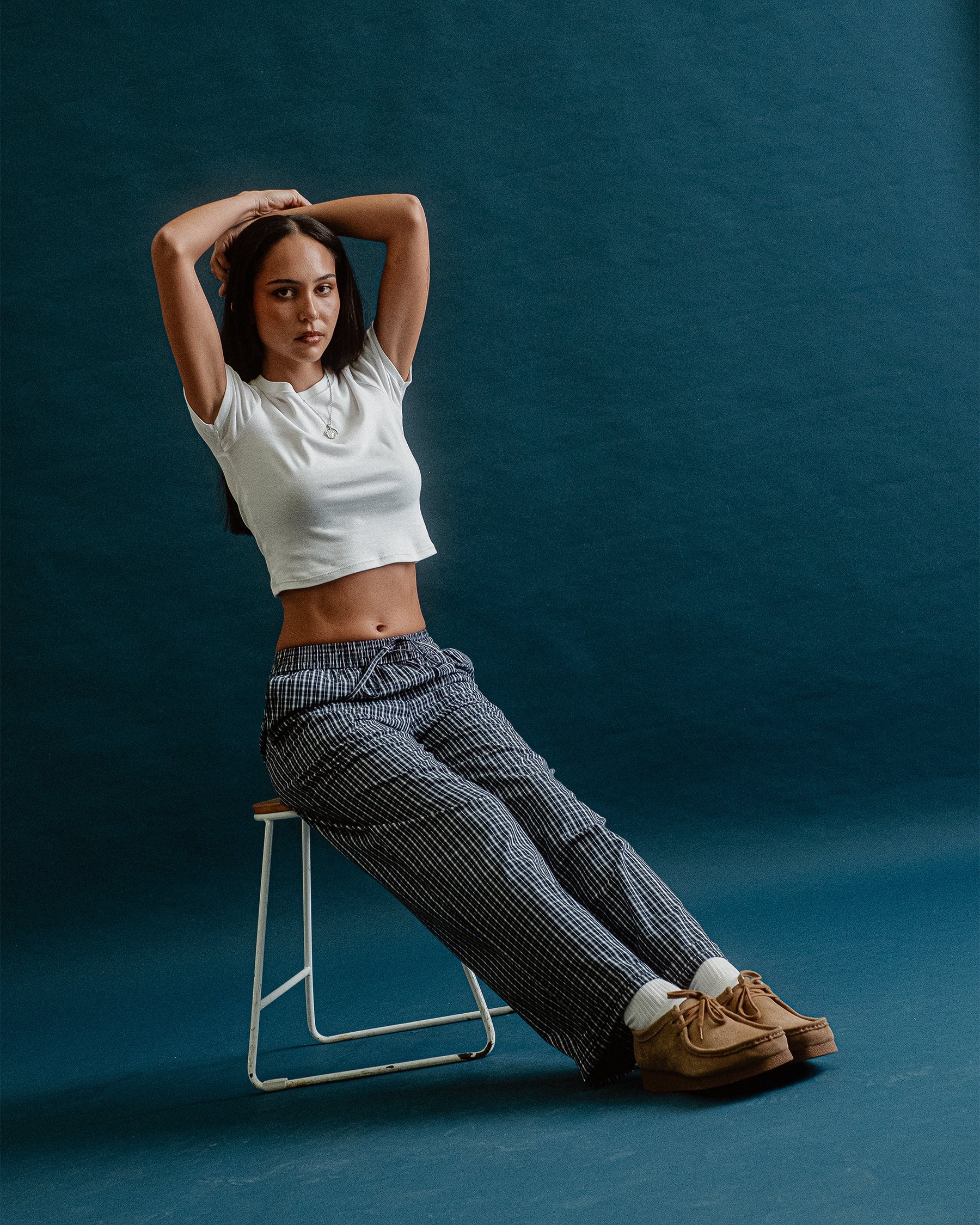 Olivia Drawstring Pant - Navy Plaid