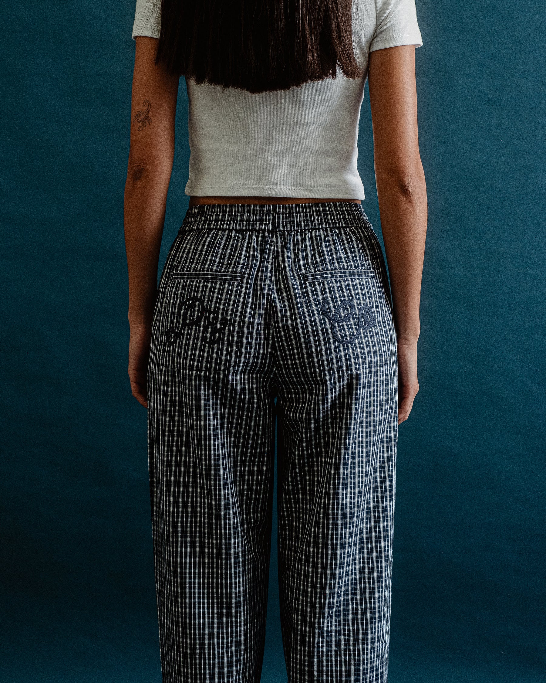 Olivia Drawstring Pant - Navy Plaid