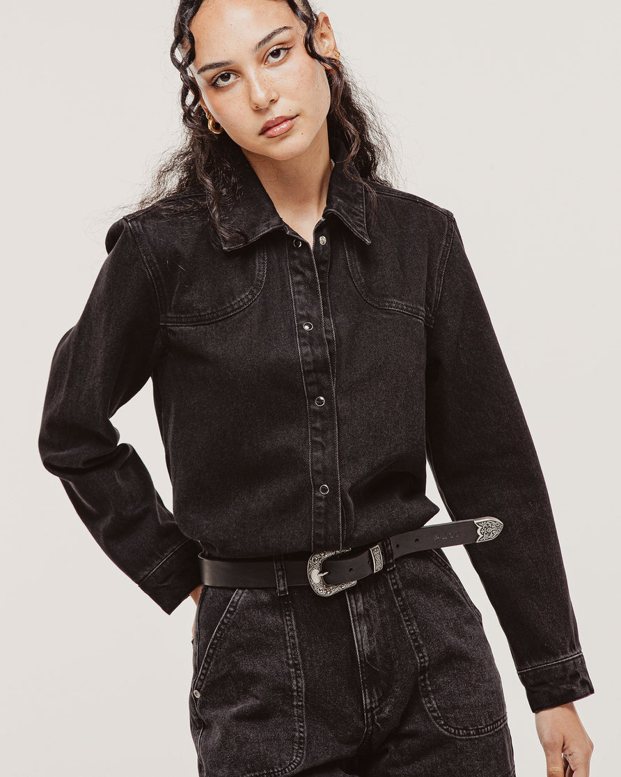 Ryder Embroidered Denim Shirt - Washed Black