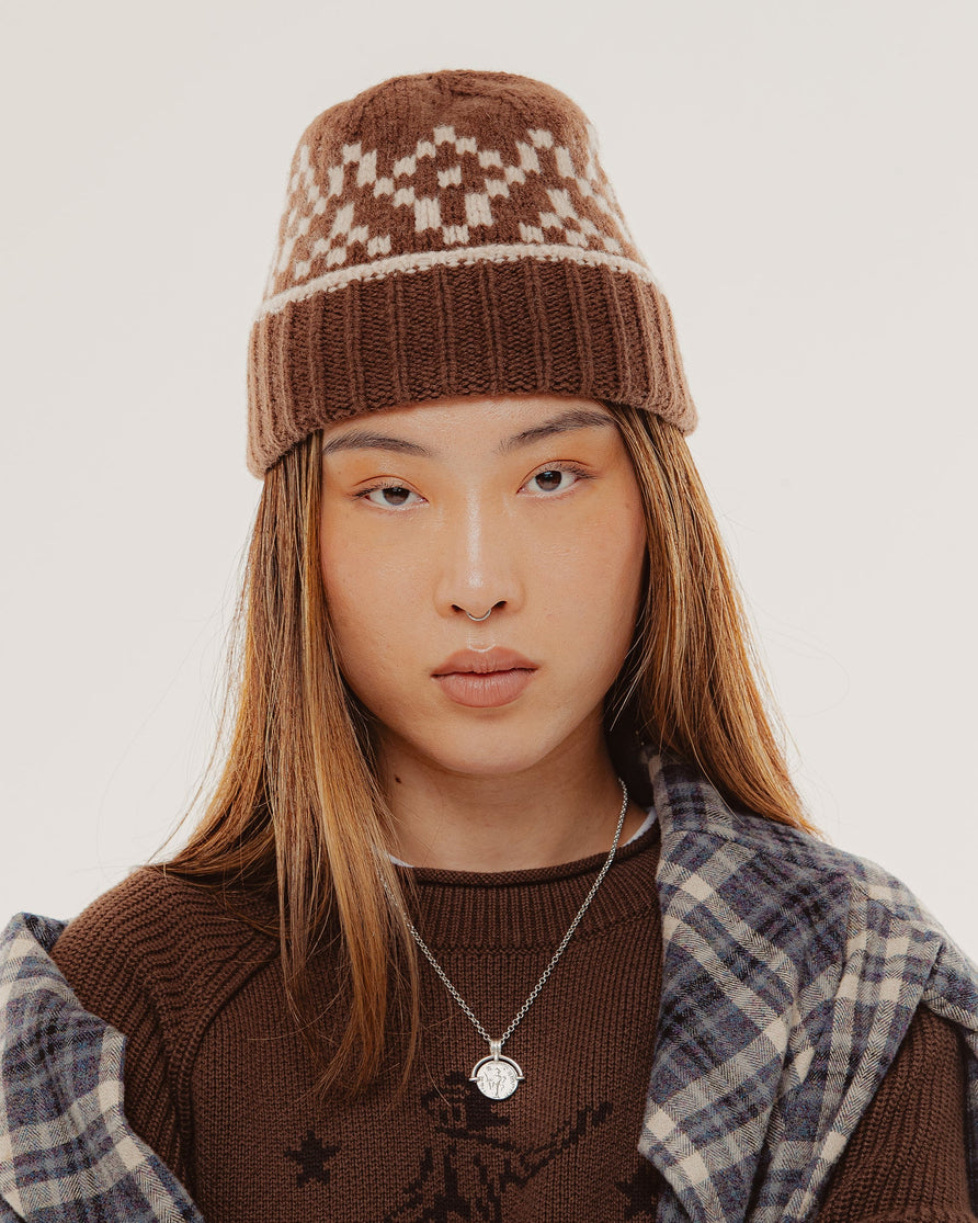 Navajo Chunky Knit Beanie - Brown