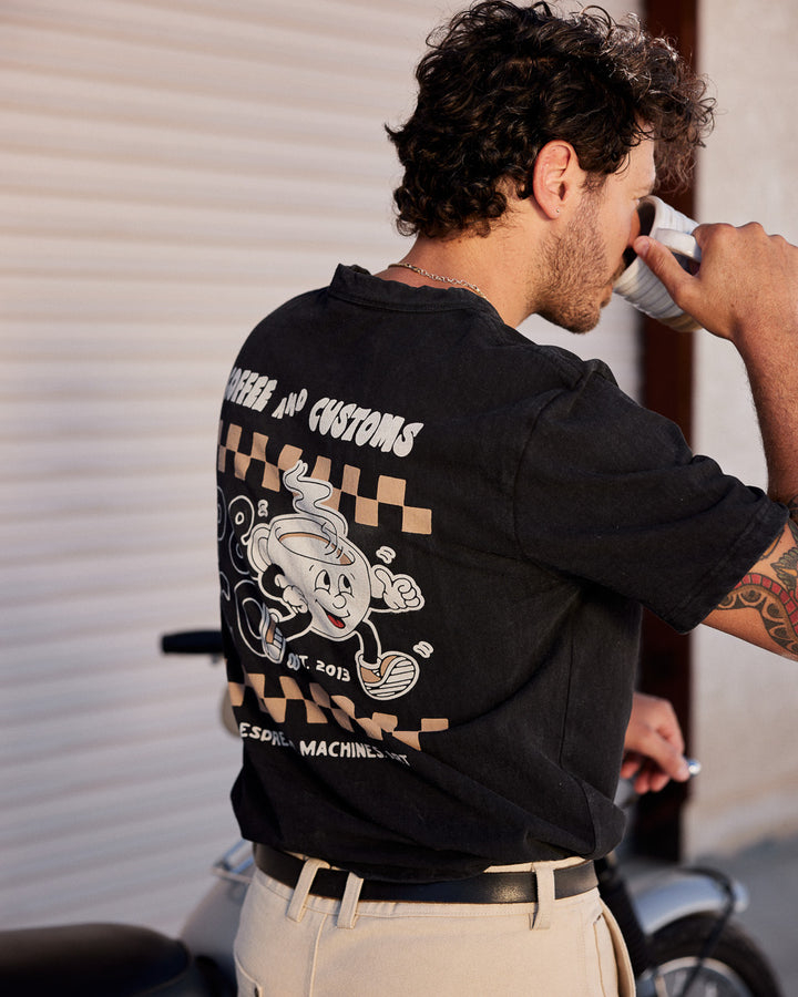 Coffee & Customs T-Shirt - Heavy Washed Black