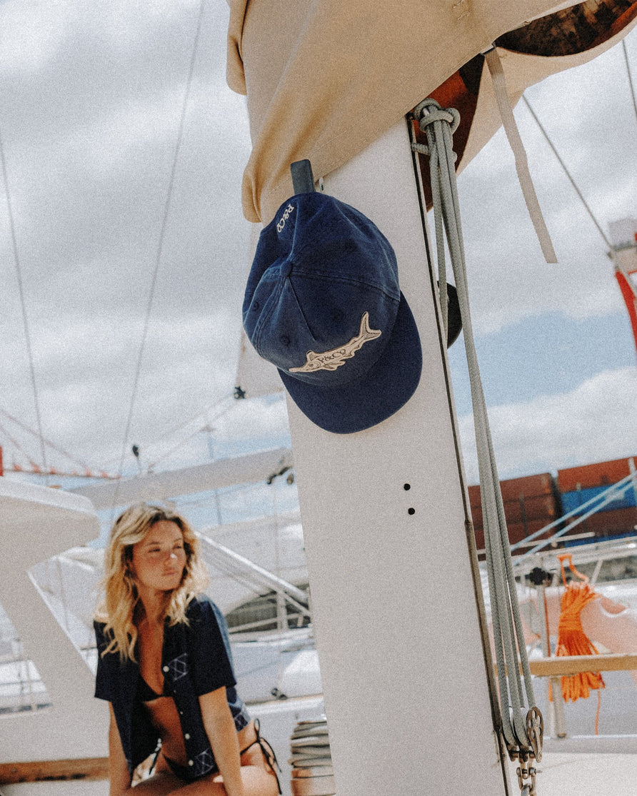 Prize Catch Herringbone Cotton 5 Panel Cap - Navy