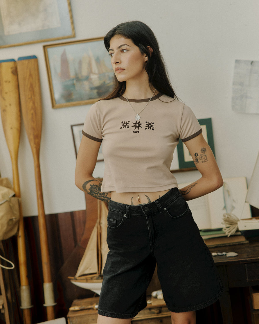 P&Co Icons Embroidered Ringer Baby T-Shirt - Washed Brown