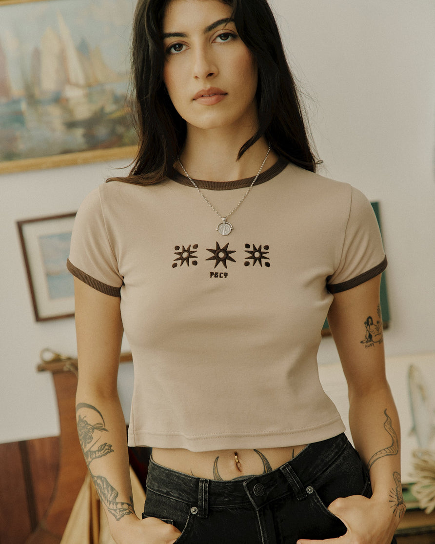 P&Co Icons Embroidered Ringer Baby T-Shirt - Washed Brown
