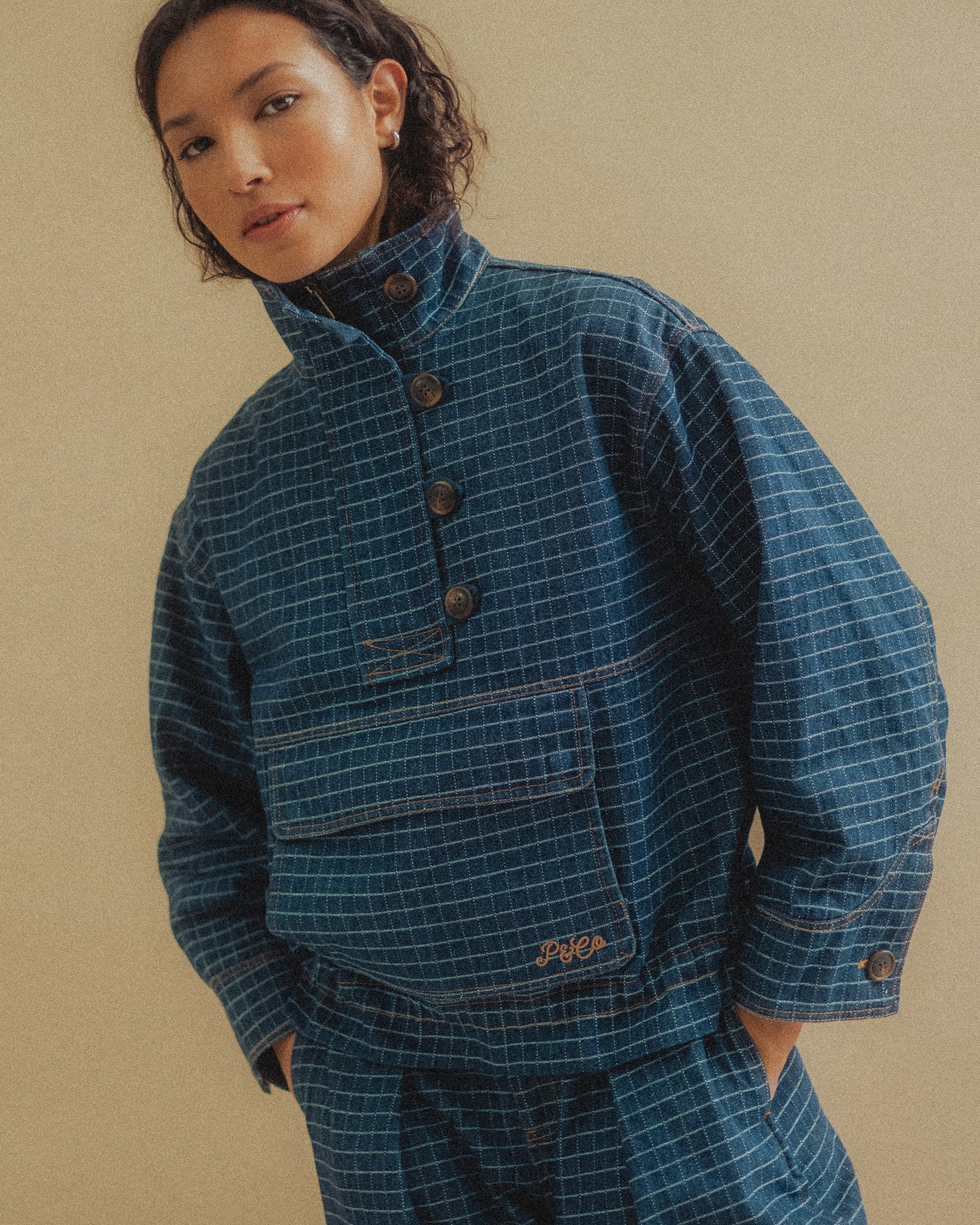 Yama Denim Smock Jacket - Blue Grid Check