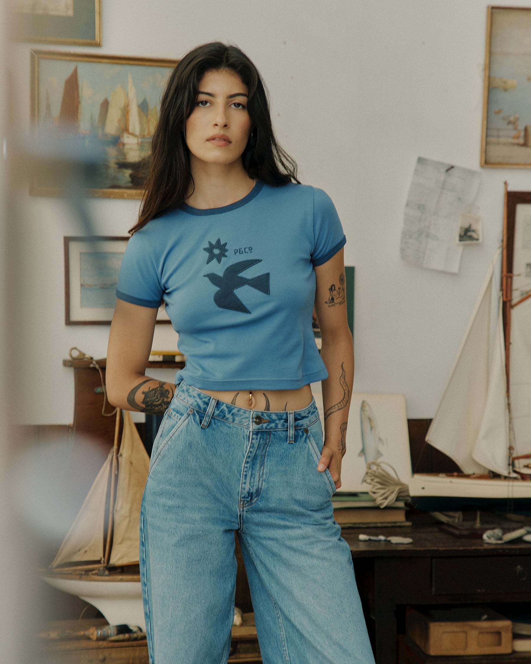 Freedom Appliqué Ringer Baby T-Shirt - Washed Blue