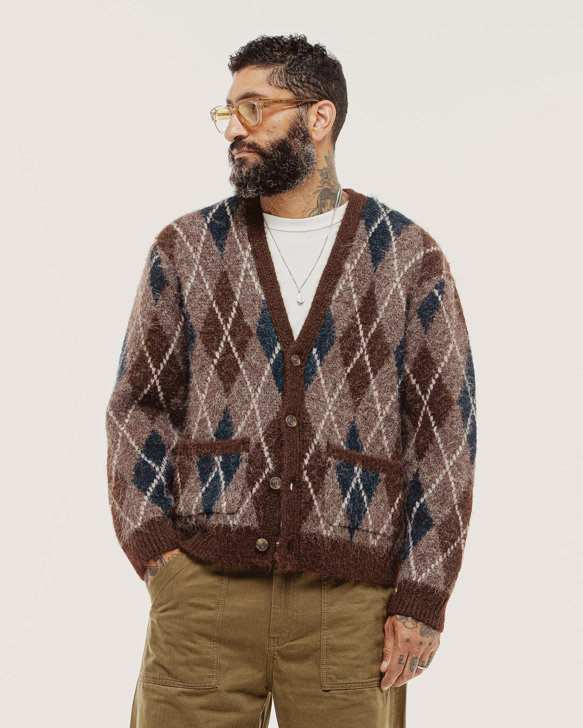 Fairway Brushed Cardigan - Brown Argyle