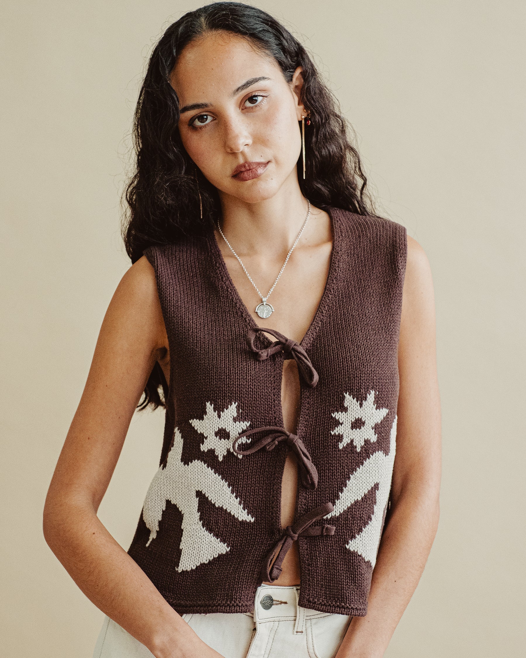 Joni Bow-Tie Knitted Vest - Brown