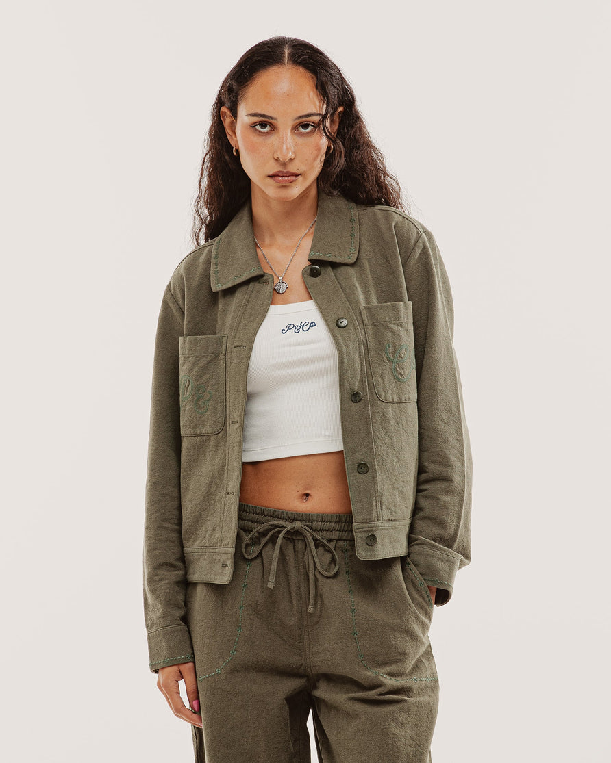 Olivia Embroidered Chore Jacket - Khaki