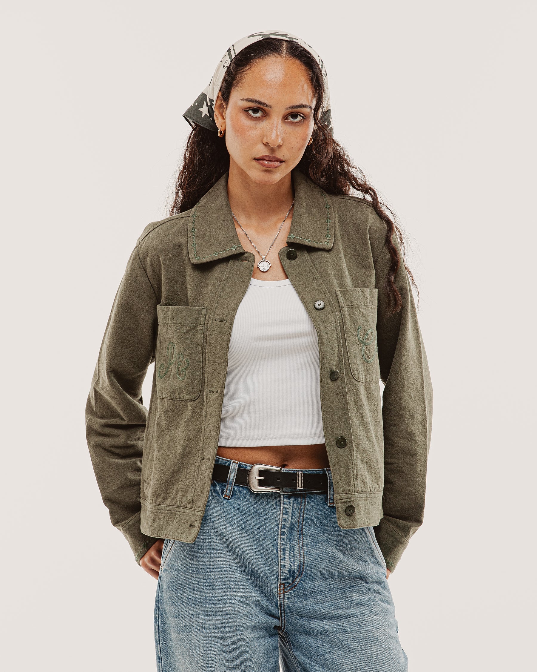 Olivia Embroidered Chore Jacket - Khaki