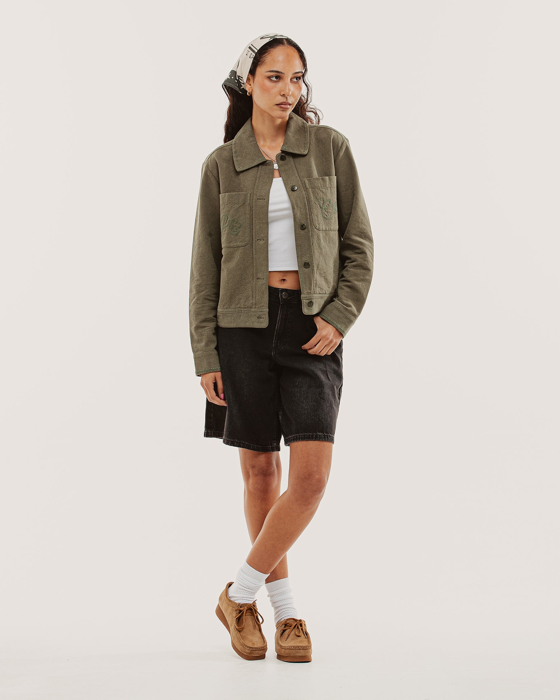 Olivia Embroidered Chore Jacket - Khaki