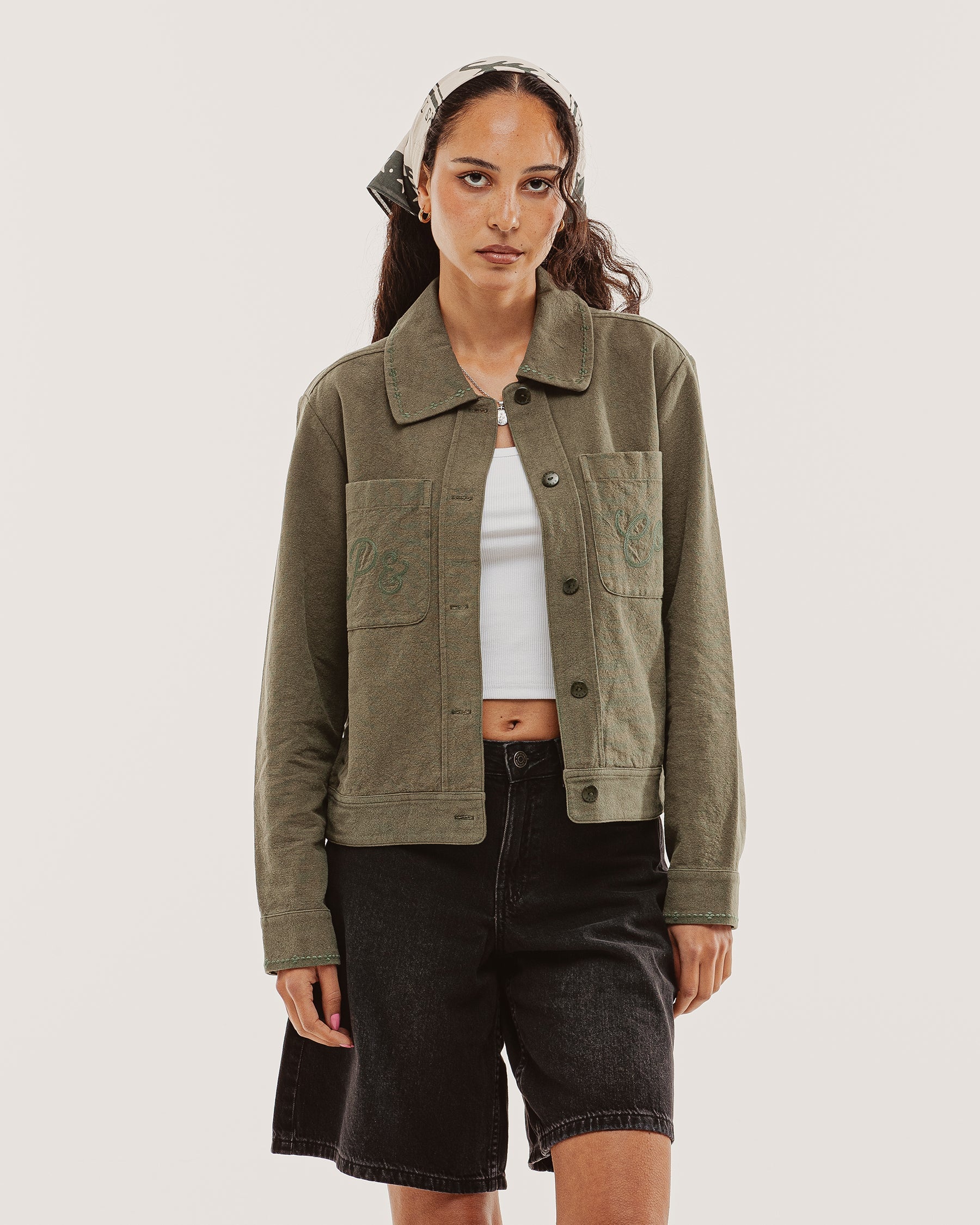 Olivia Embroidered Chore Jacket - Khaki
