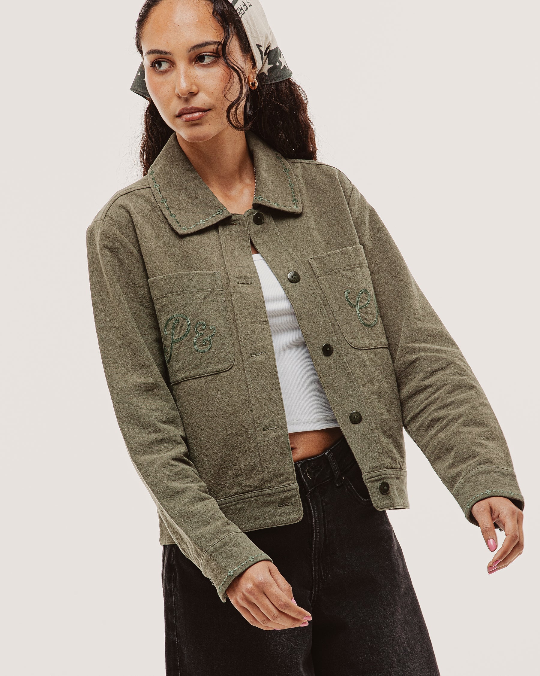 Olivia Embroidered Chore Jacket - Khaki