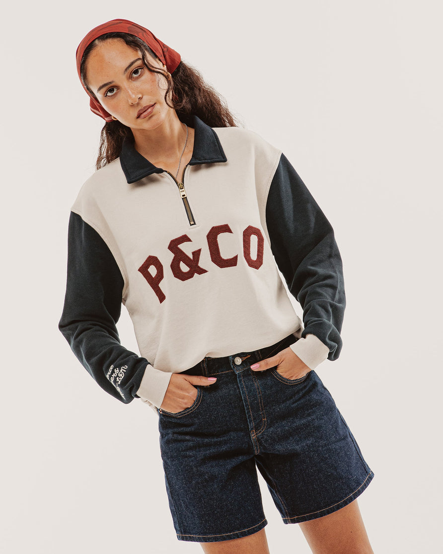 Track 1/4 Zip Jersey - Ecru & Navy