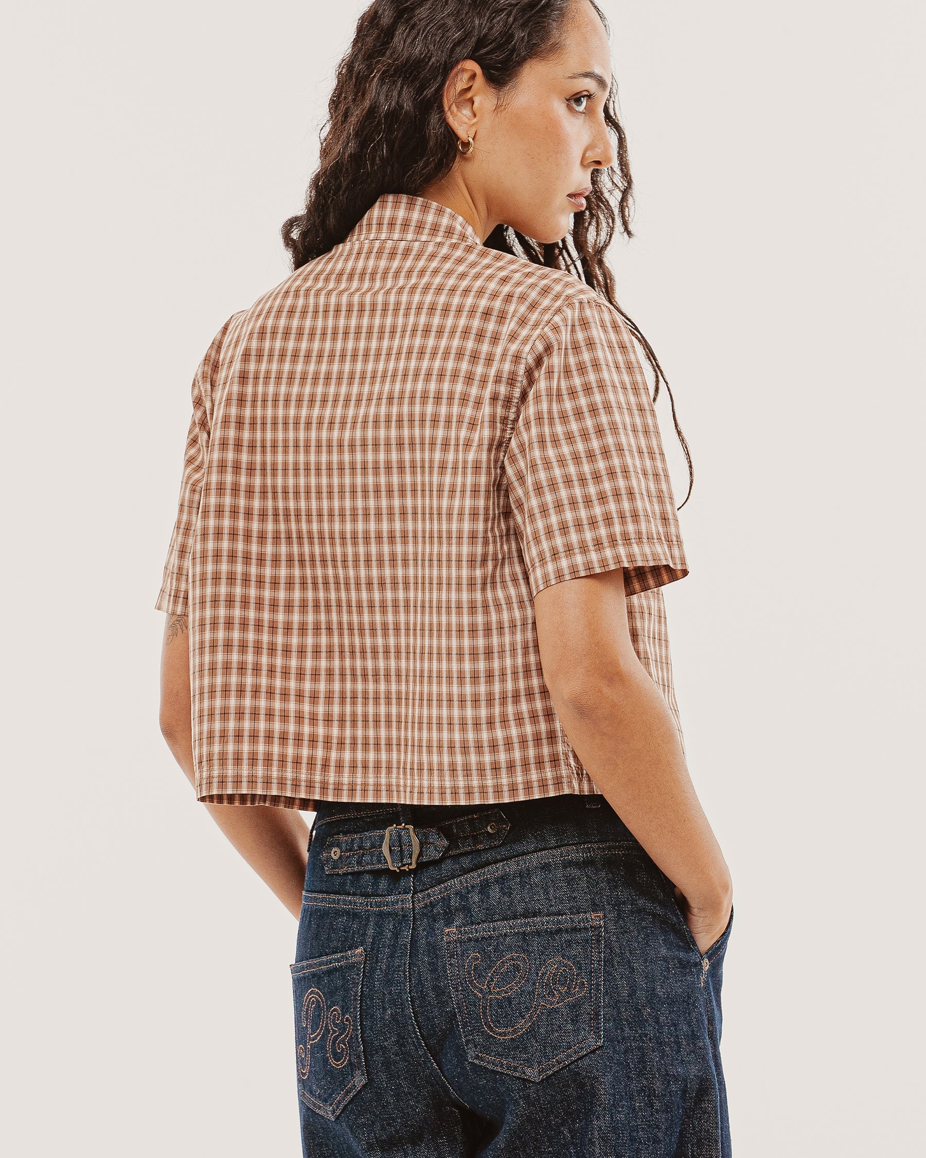 Françoise Cropped Shirt - Taupe Plaid