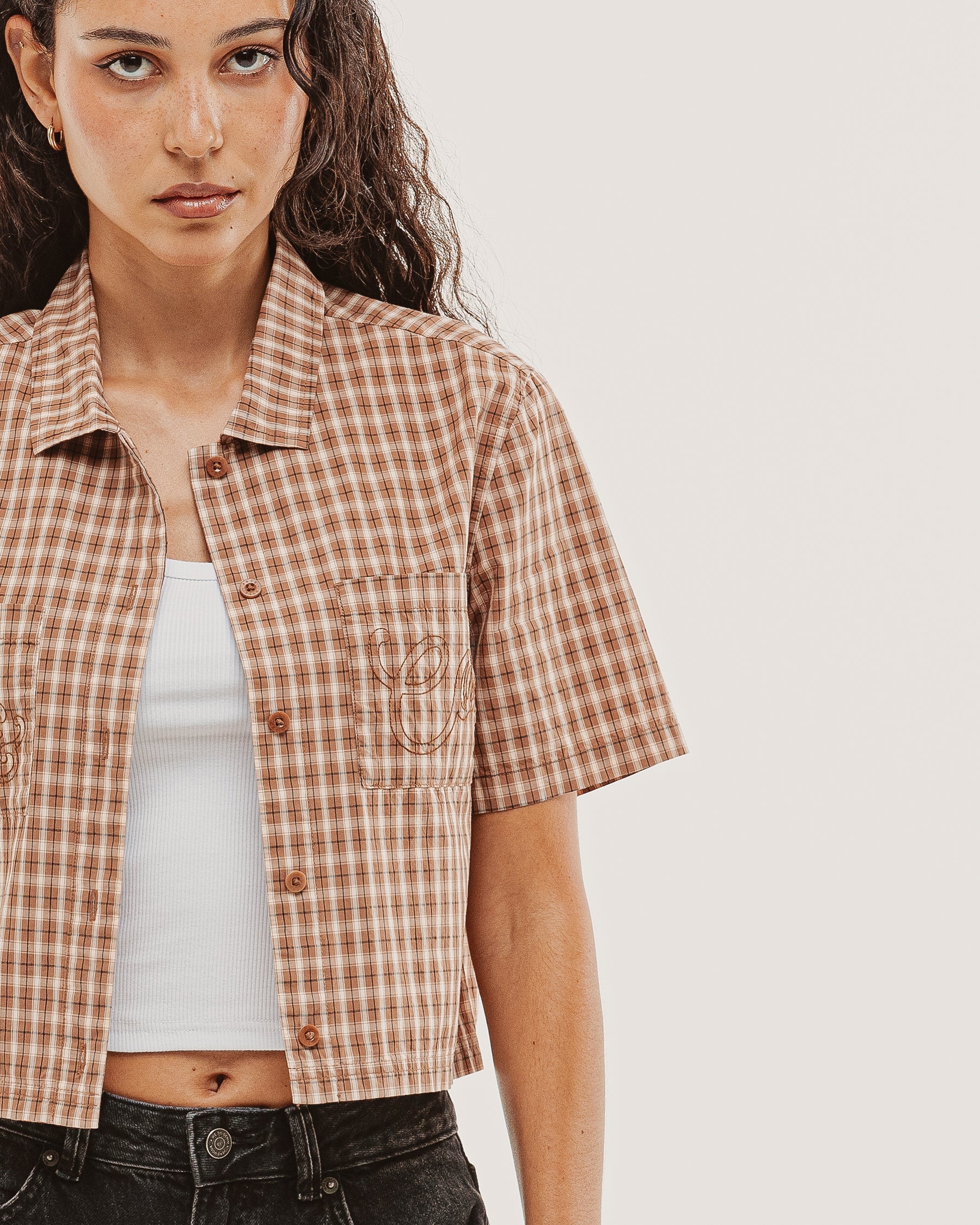 Françoise Cropped Shirt - Taupe Plaid