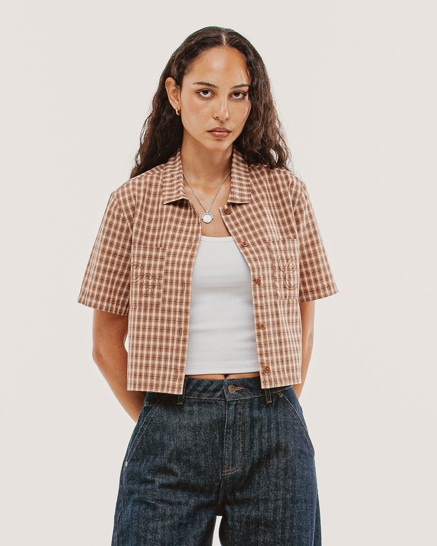 Françoise Cropped Shirt - Taupe Plaid
