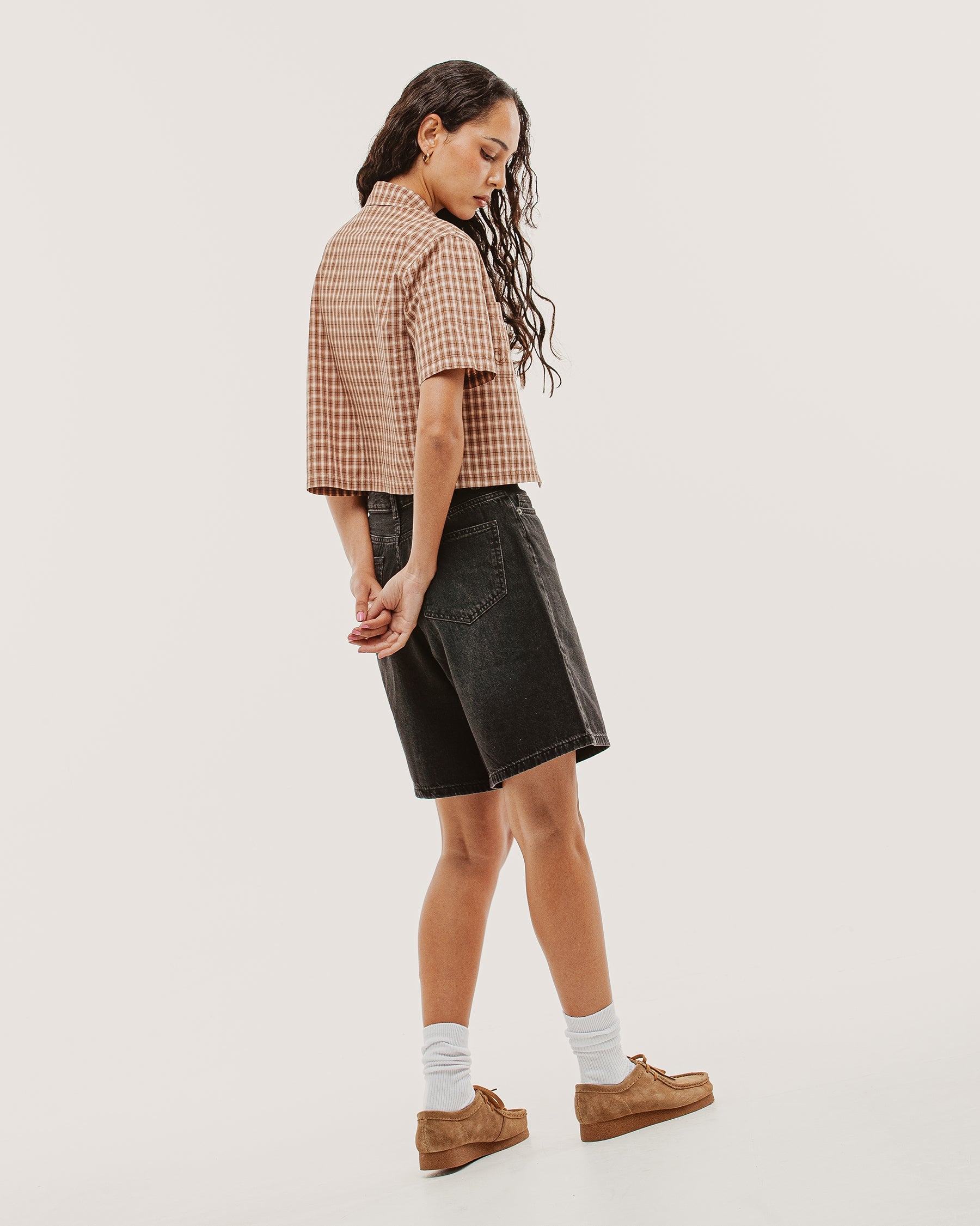 Françoise Cropped Shirt - Taupe Plaid