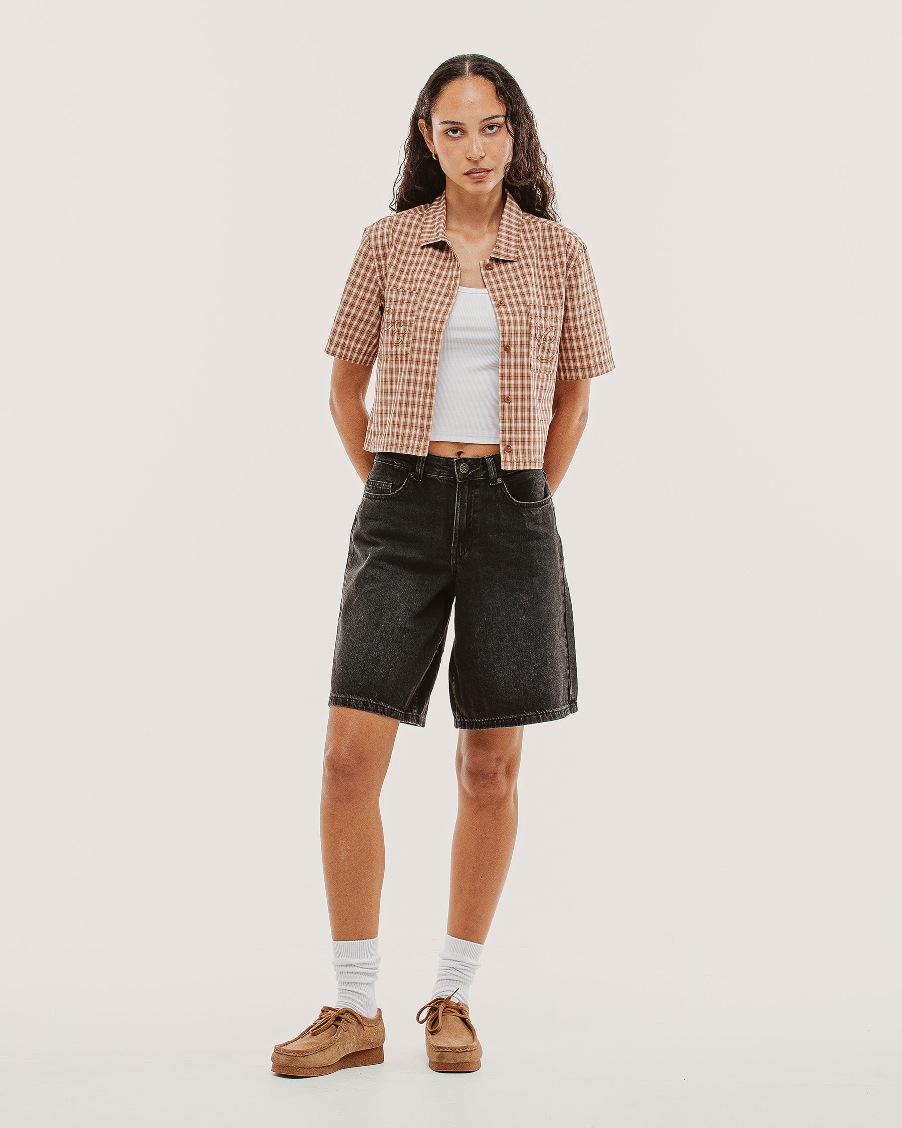 Françoise Cropped Shirt - Taupe Plaid