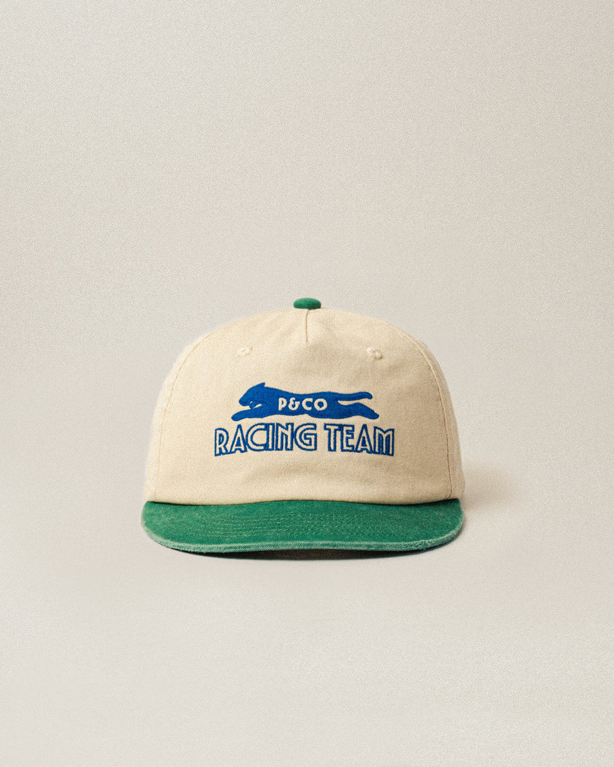 Racing Team Cotton 5 Panel Cap - Ecru & Green