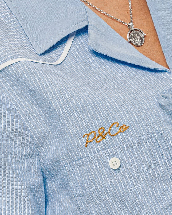 Wildflower Bow-Tie Cropped Shirt - Blue Hickory Stripe