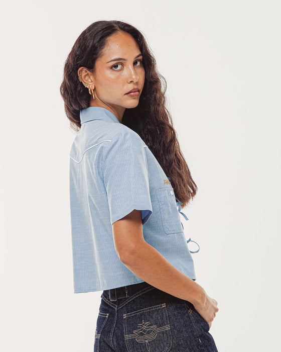 Wildflower Bow-Tie Cropped Shirt - Blue Hickory Stripe