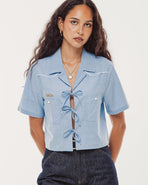 Wildflower Bow-Tie Cropped Shirt - Blue Hickory Stripe