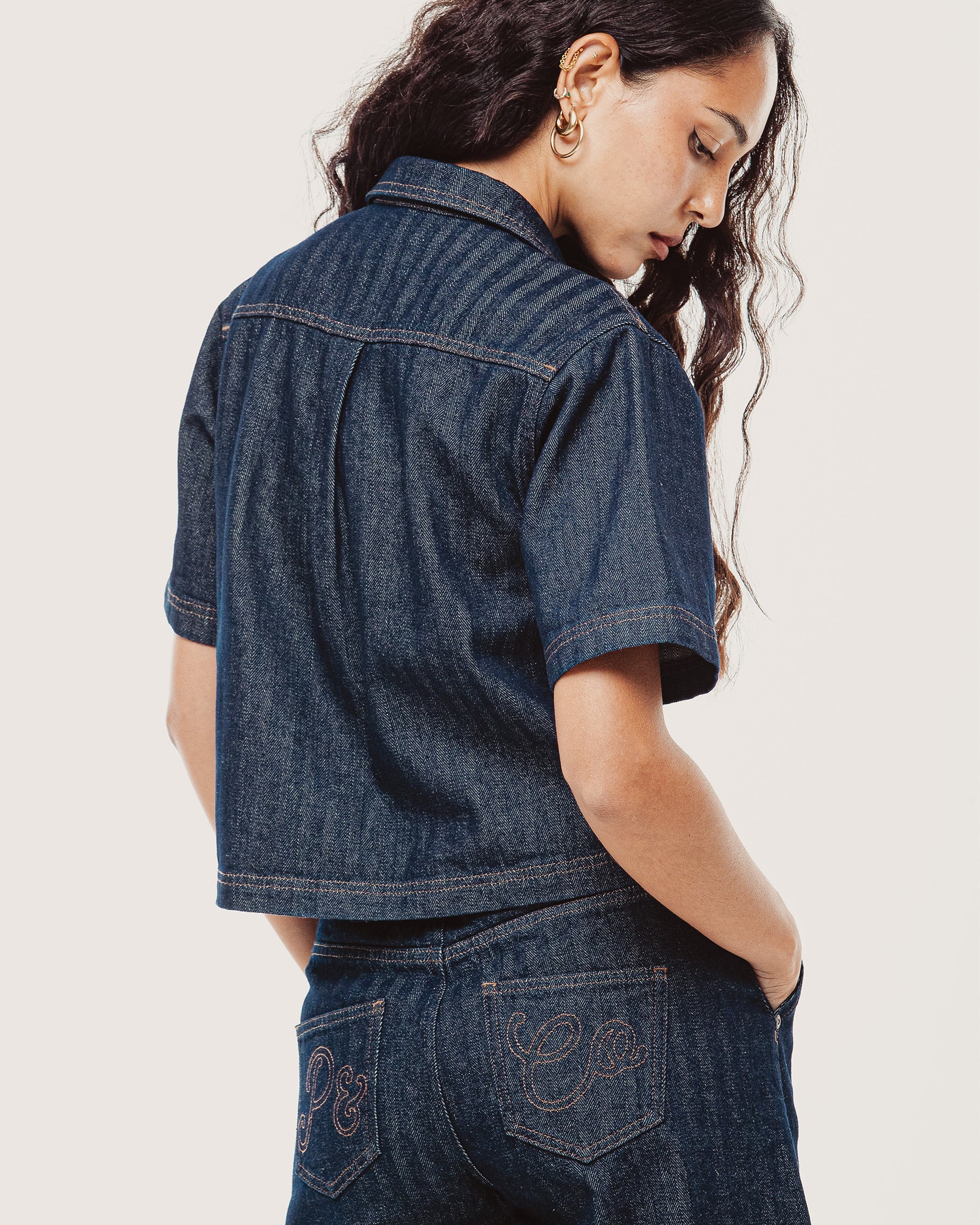 Lizzie Herringbone Denim Shirt - Washed Indigo