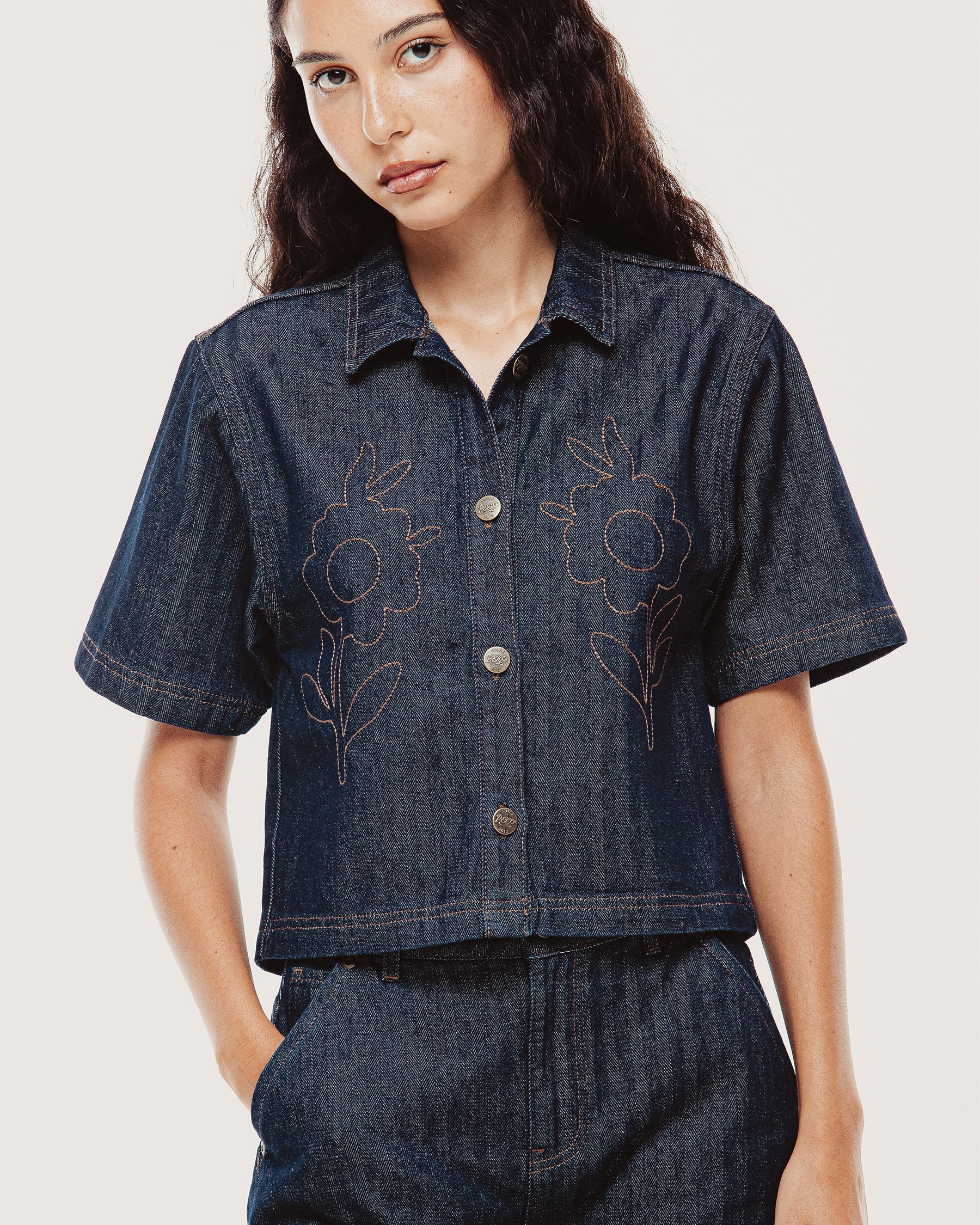Lizzie Herringbone Denim Shirt - Washed Indigo