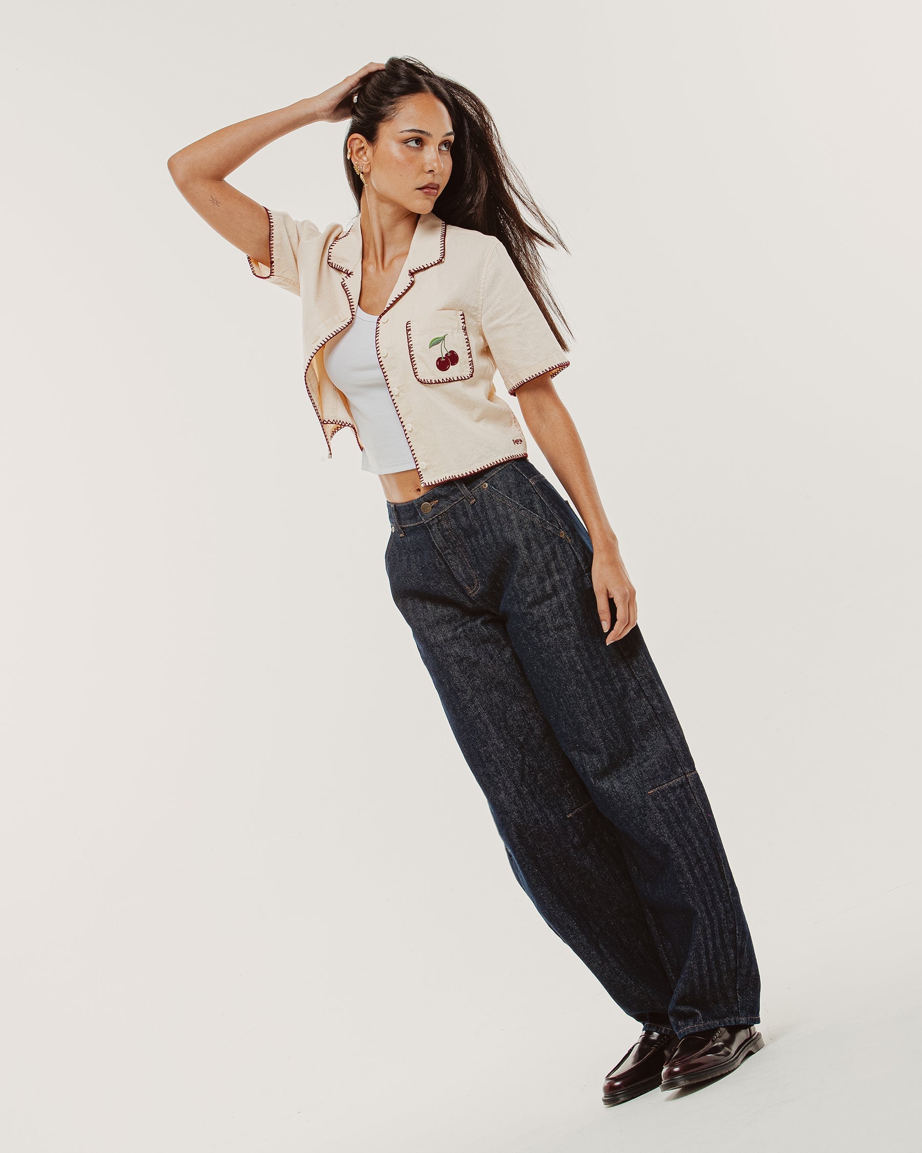 Cherry Embroidered Linen Shirt - Ecru