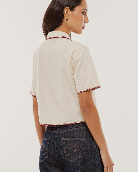 Cherry Embroidered Linen Shirt - Ecru