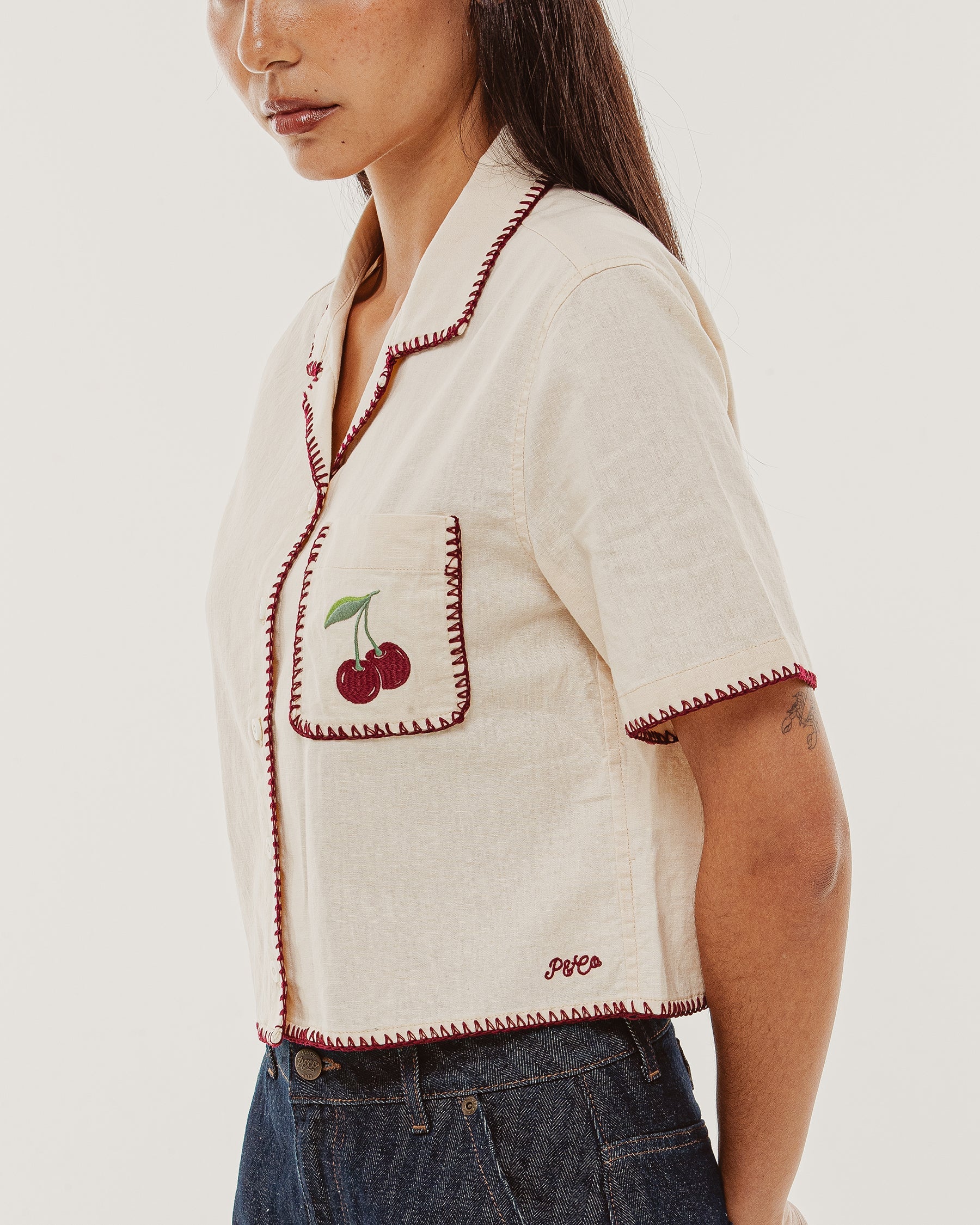 Cherry Embroidered Linen Shirt - Ecru