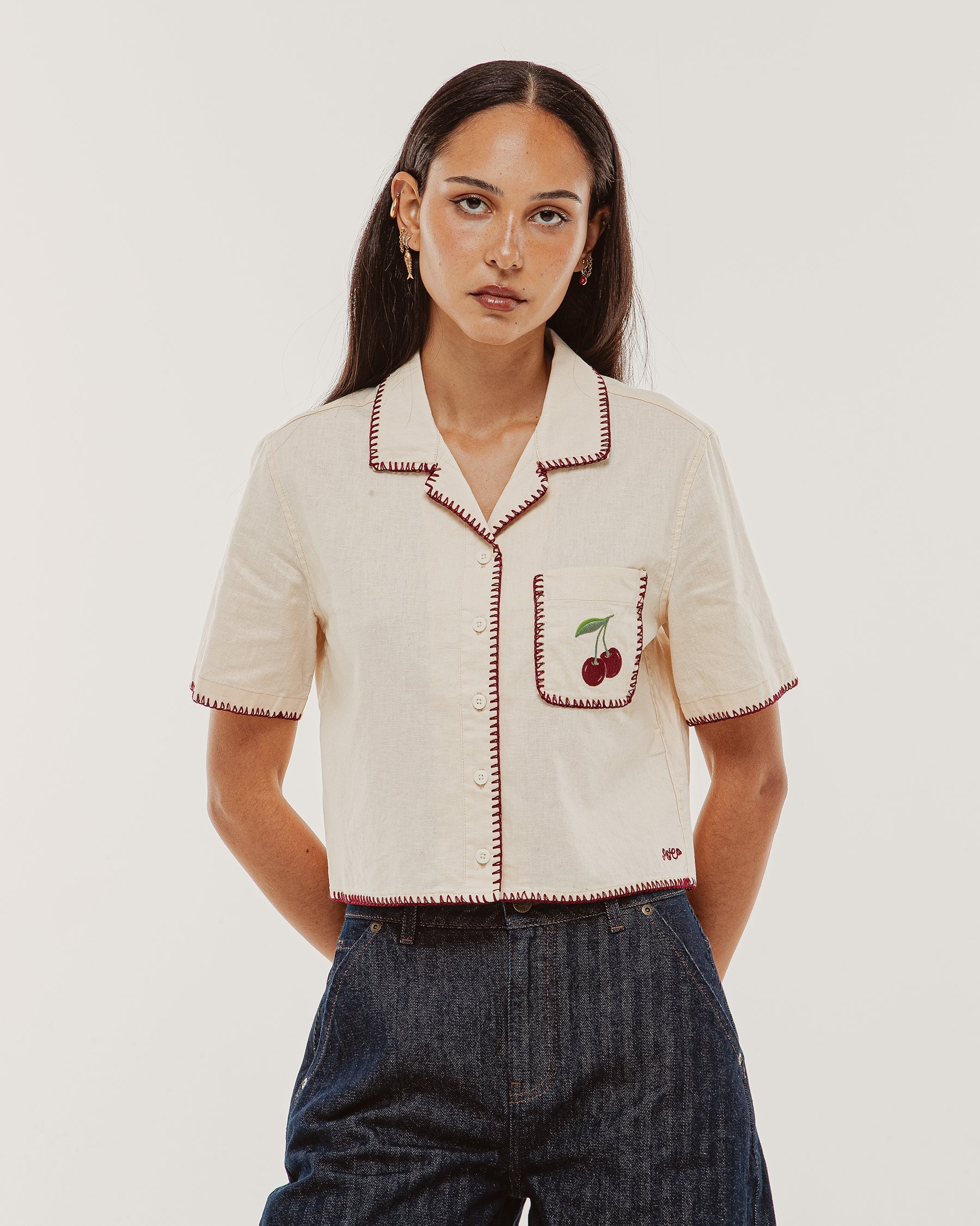 Cherry Embroidered Linen Shirt - Ecru