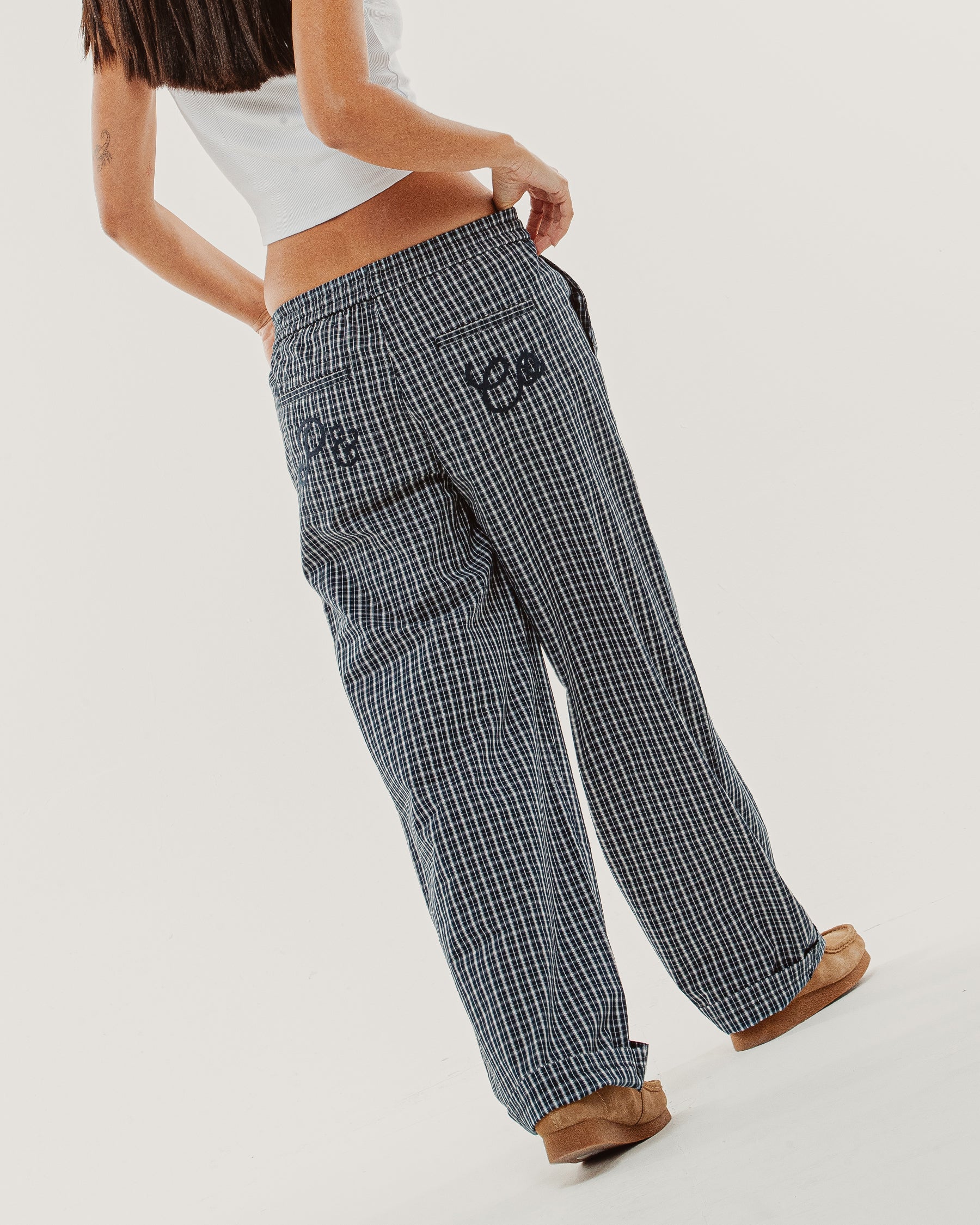 Olivia Drawstring Pant - Navy Plaid