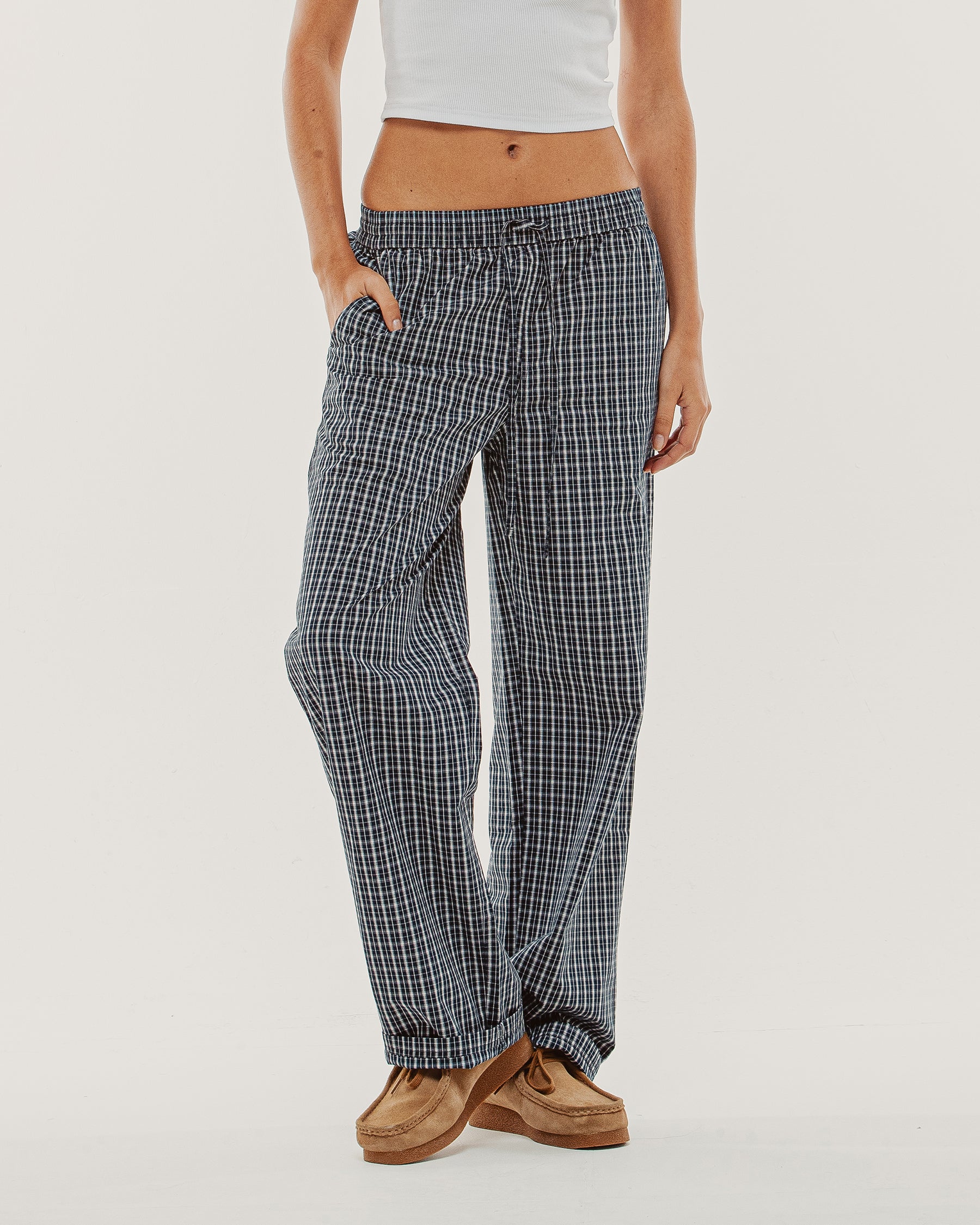 Olivia Drawstring Pant - Navy Plaid
