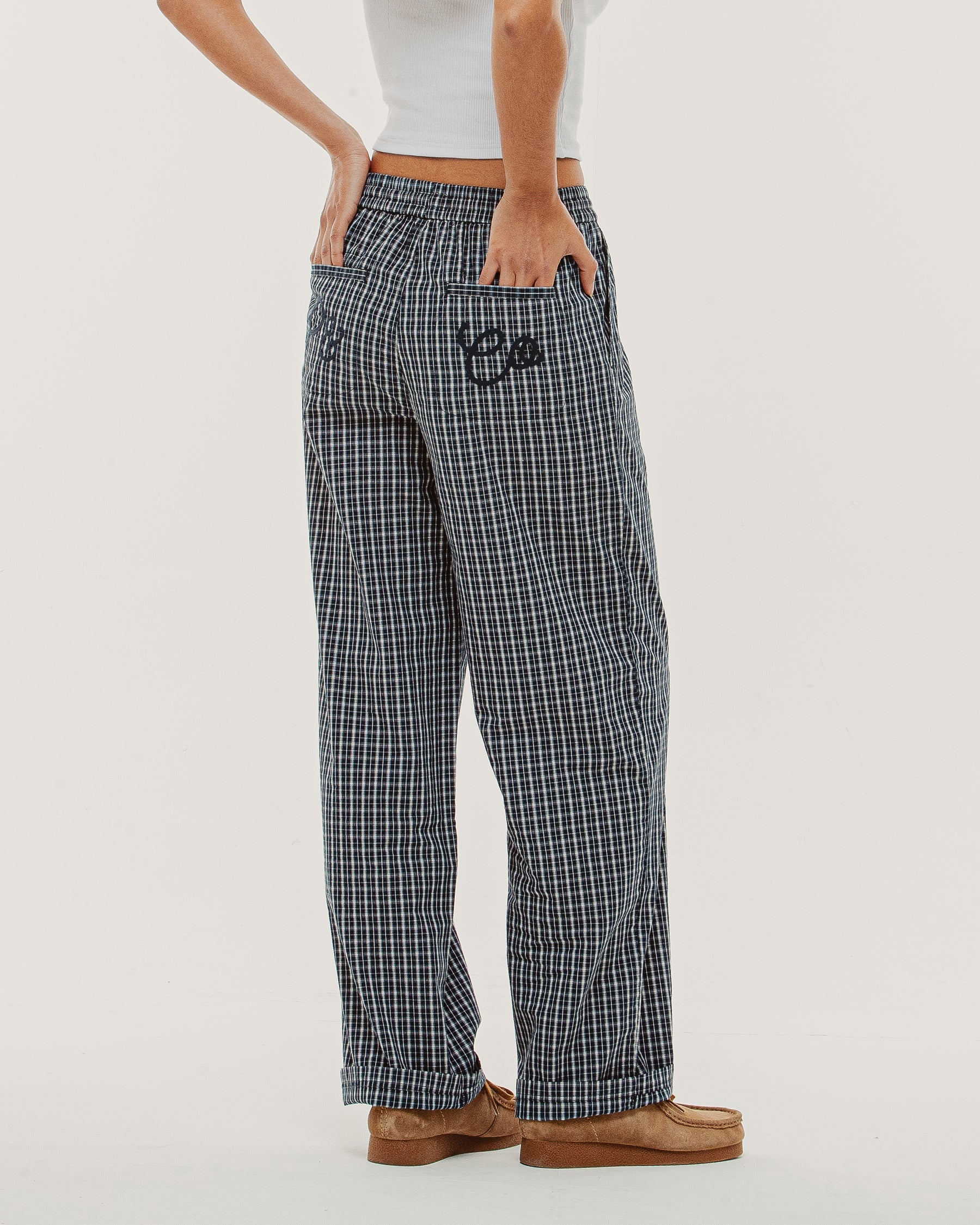 Olivia Drawstring Pant - Navy Plaid