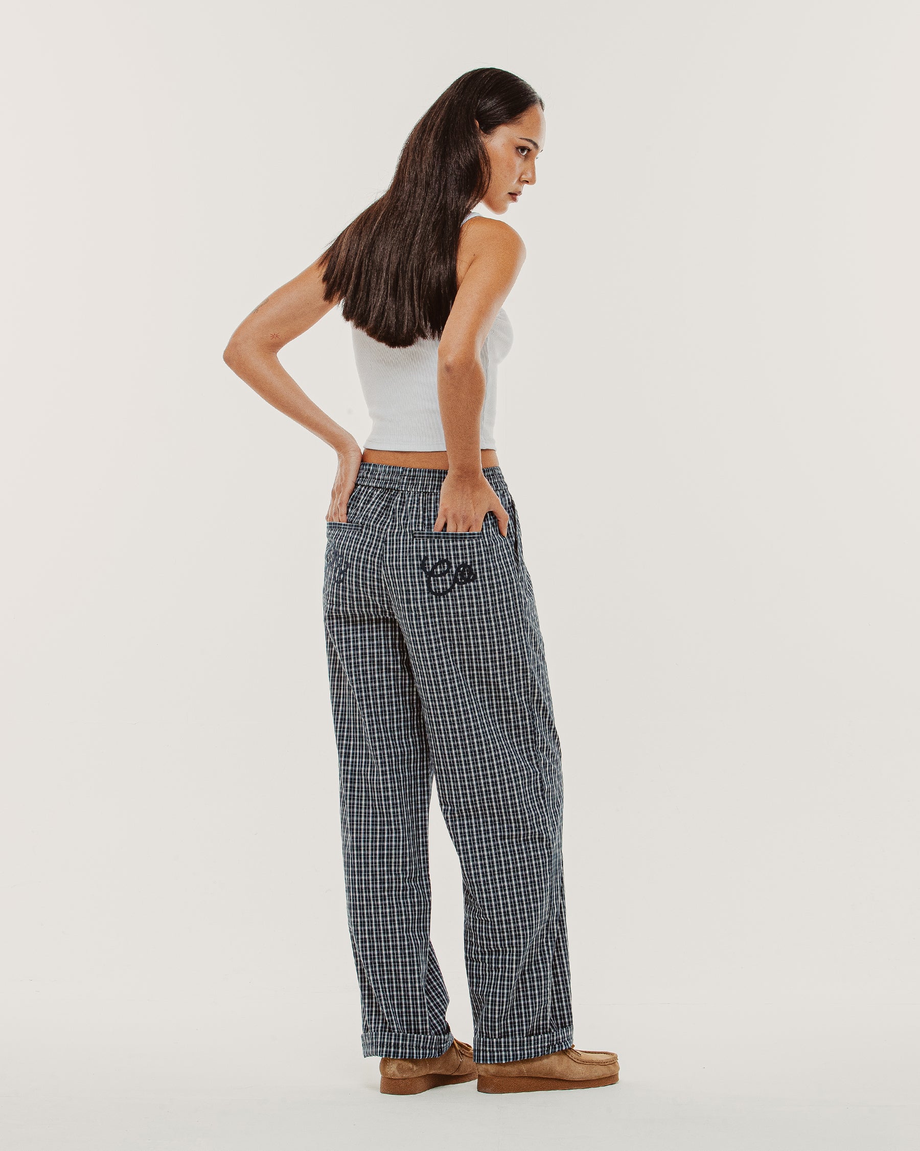 Olivia Drawstring Pant - Navy Plaid