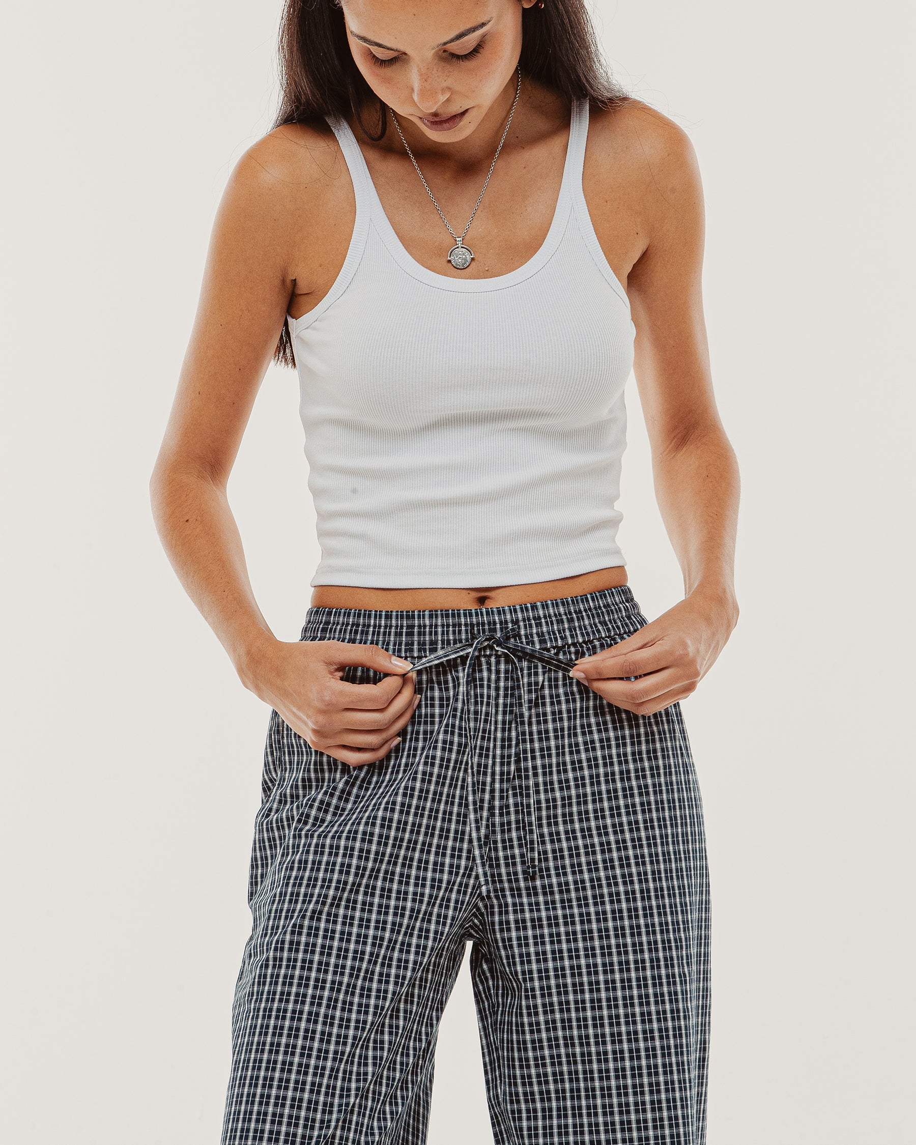 Olivia Drawstring Pant - Navy Plaid
